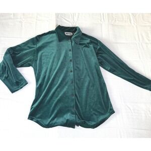 Lauren Brooke Forest Green Velvet Button Down Shirt Long Sleeve Blouse Size M